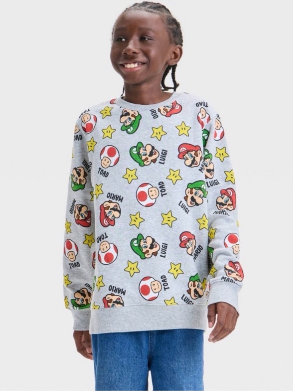 NWT Super Mario Brother Sweatshirt Luigi Toad Gray Pullover Crewneck Kids Boy XL